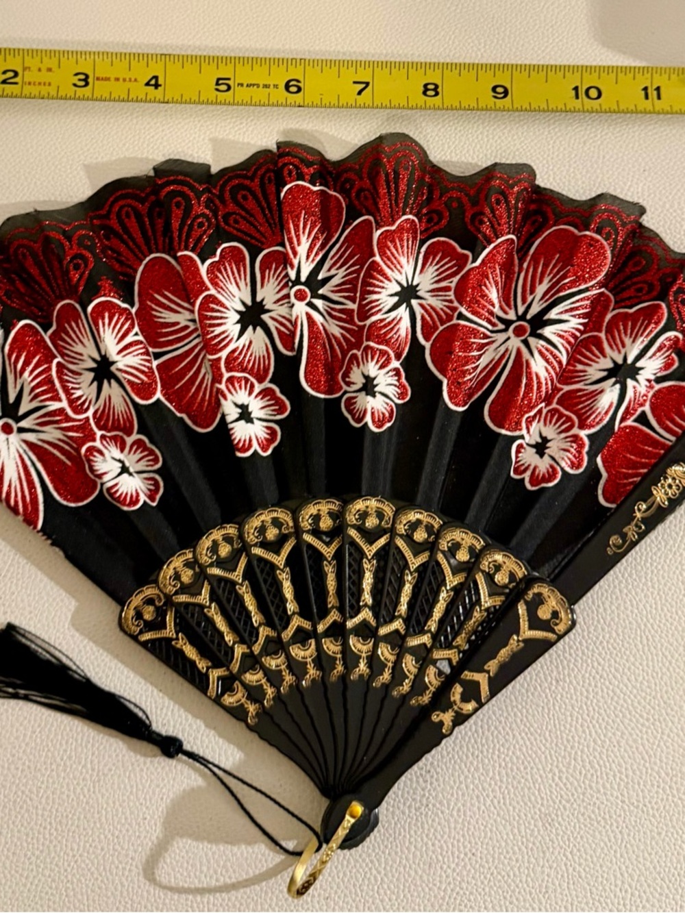 Black Red Floral Folding Hand Fan Glitter Lace Tassel Dance Festival Flamenco - Picture 9 of 16